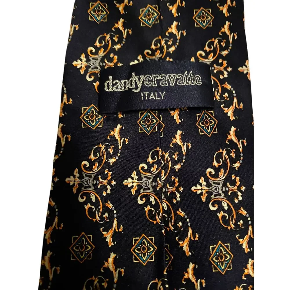 Dandy Cravatte‎ Italy 100% Silk Ornate Medallion Necktie Navy Gold
